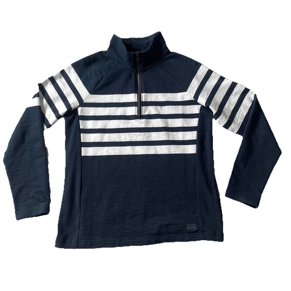 L.L. Bean Cotton Knit 1/4 Zip Mock Neck Pullover Top Stripe Blue Women S NWOT